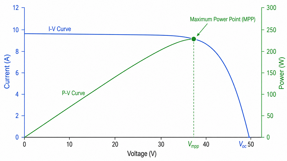Chart showing a solar panel P-V and I-V curve with the Maximum Power Point highlighted at peak wattage
